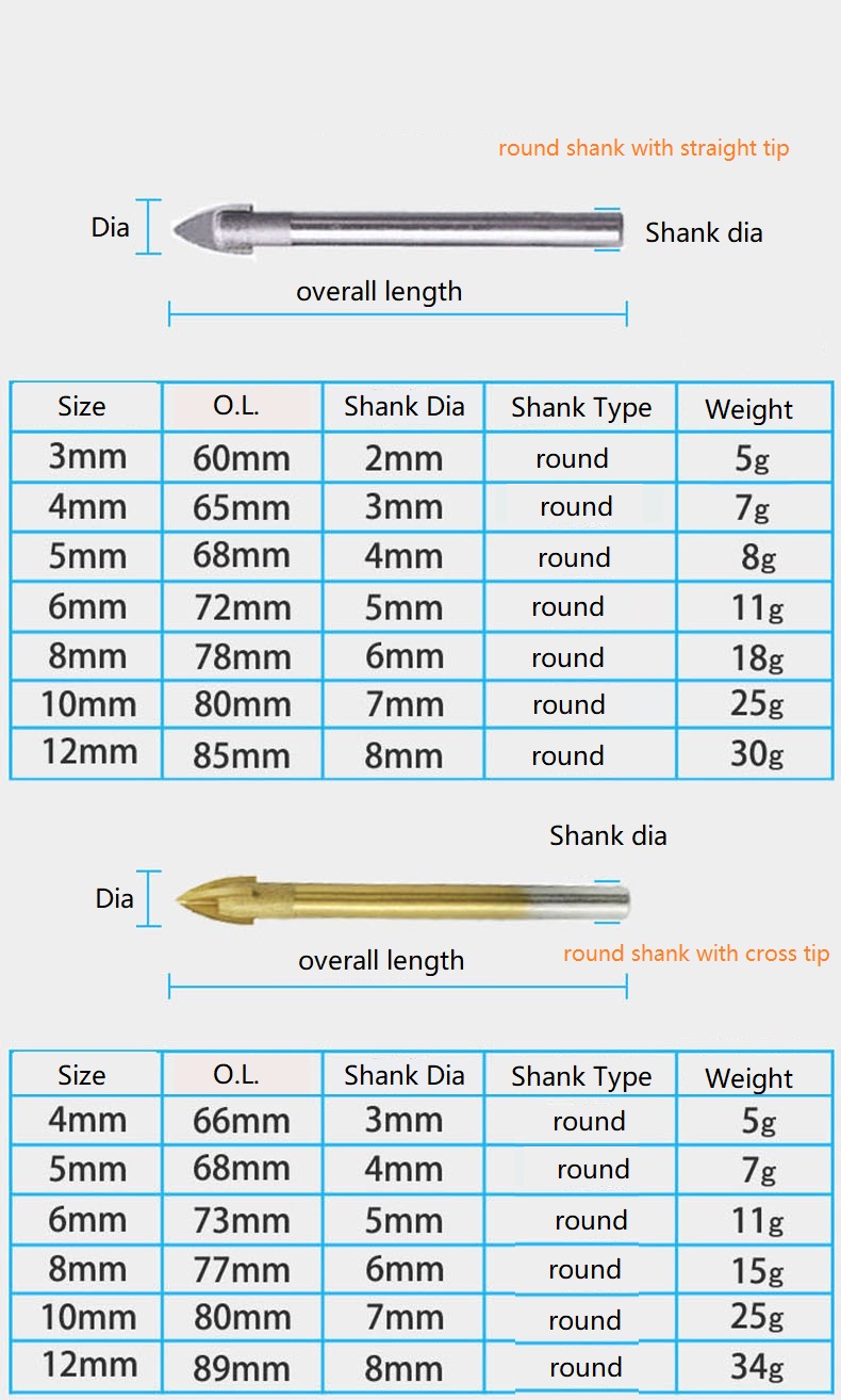 hex shank multi use drill bit with cross tip sizes